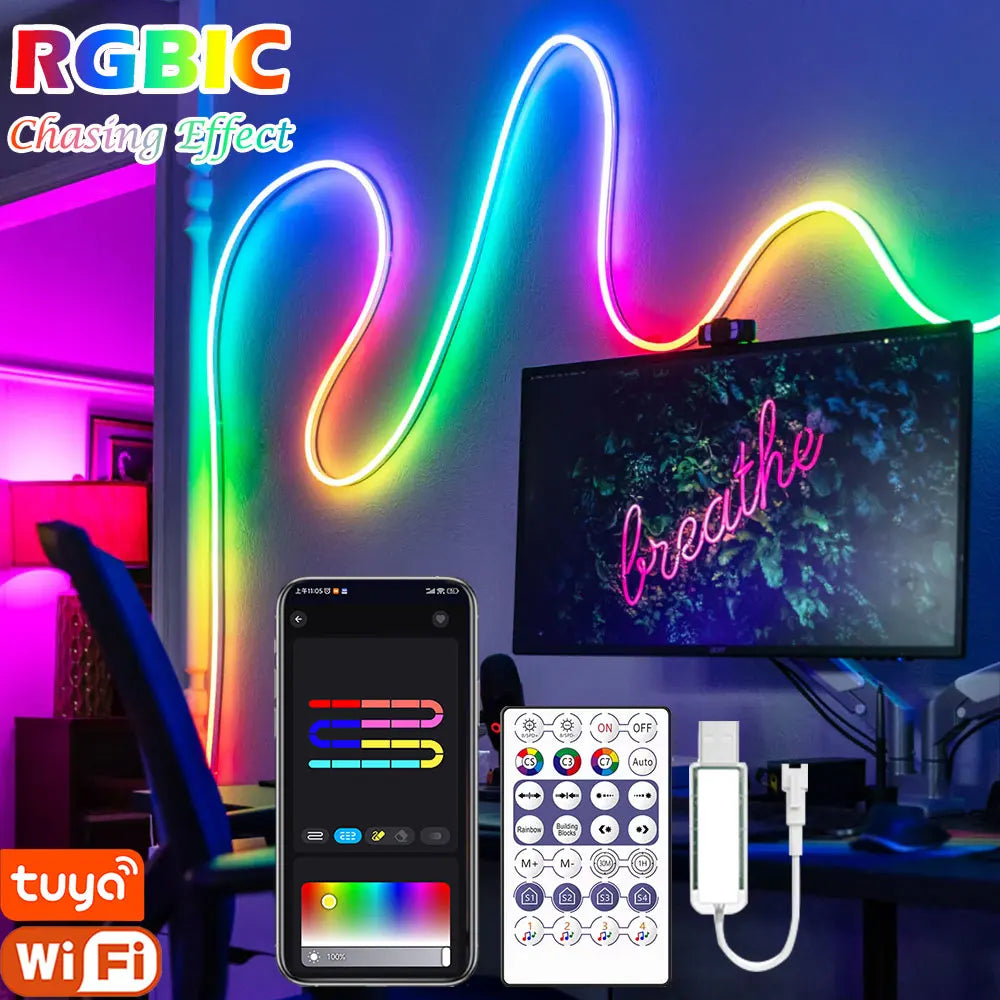 USB WS2812B RGBIC Neon LED Strip 1-5m Neon Light Strip with Bluetooth App and Remote for DIY Neon Deocoration Lighting