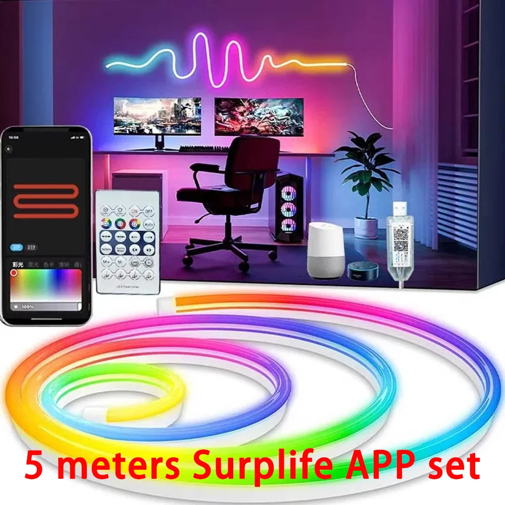 USB WS2812B RGBIC Neon LED Strip 1-5m Neon Light Strip with Bluetooth App and Remote for DIY Neon Deocoration Lighting