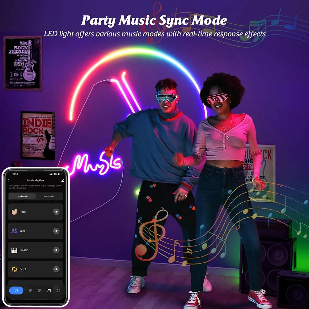 USB WS2812B RGBIC Neon LED Strip 1-5m Neon Light Strip with Bluetooth App and Remote for DIY Neon Deocoration Lighting