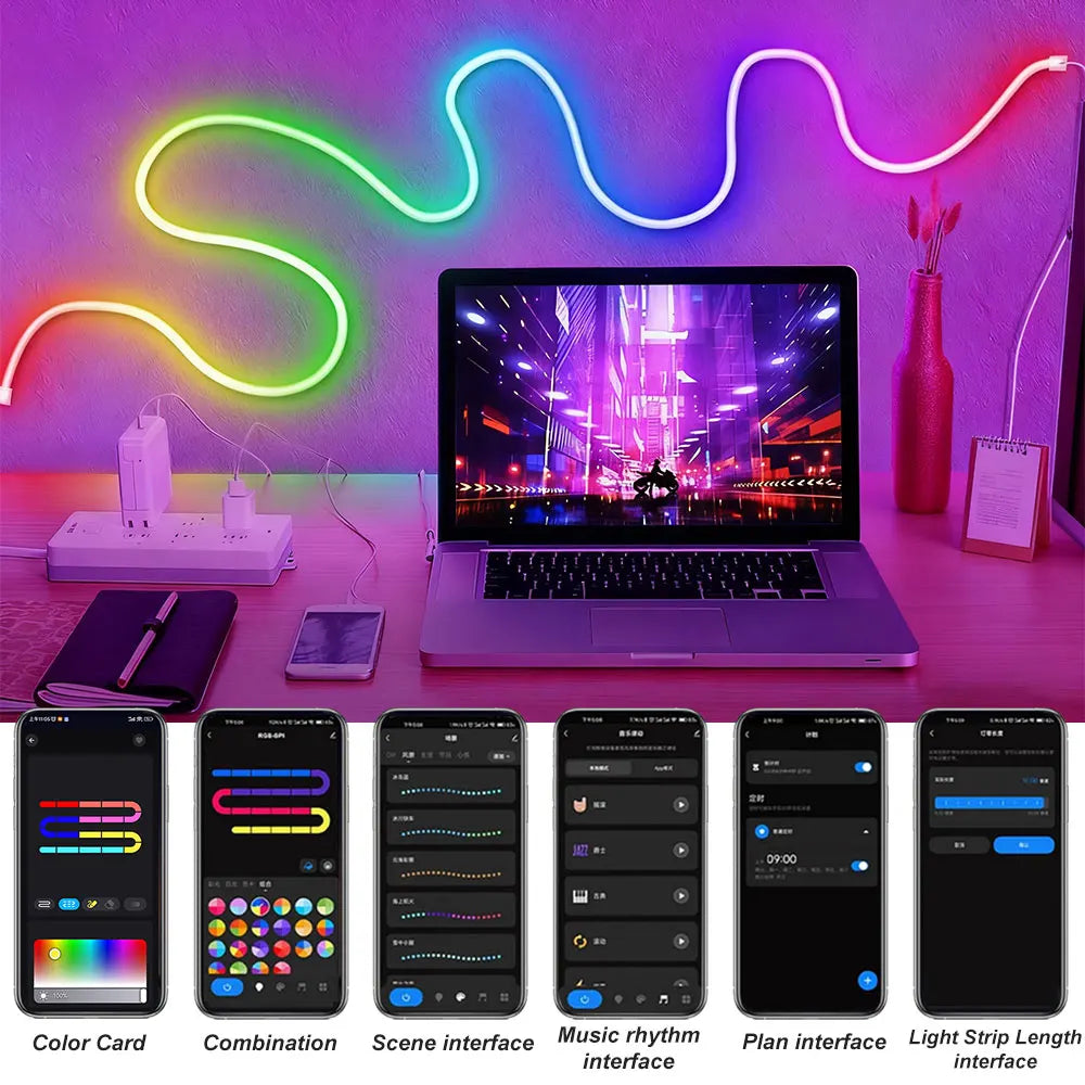 USB WS2812B RGBIC Neon LED Strip 1-5m Neon Light Strip with Bluetooth App and Remote for DIY Neon Deocoration Lighting